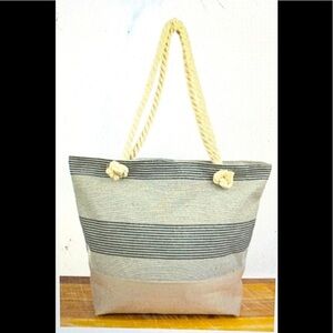 Justin & Taylor Grey Striped Shoulder Tote Bag with Burlap Trim NWT